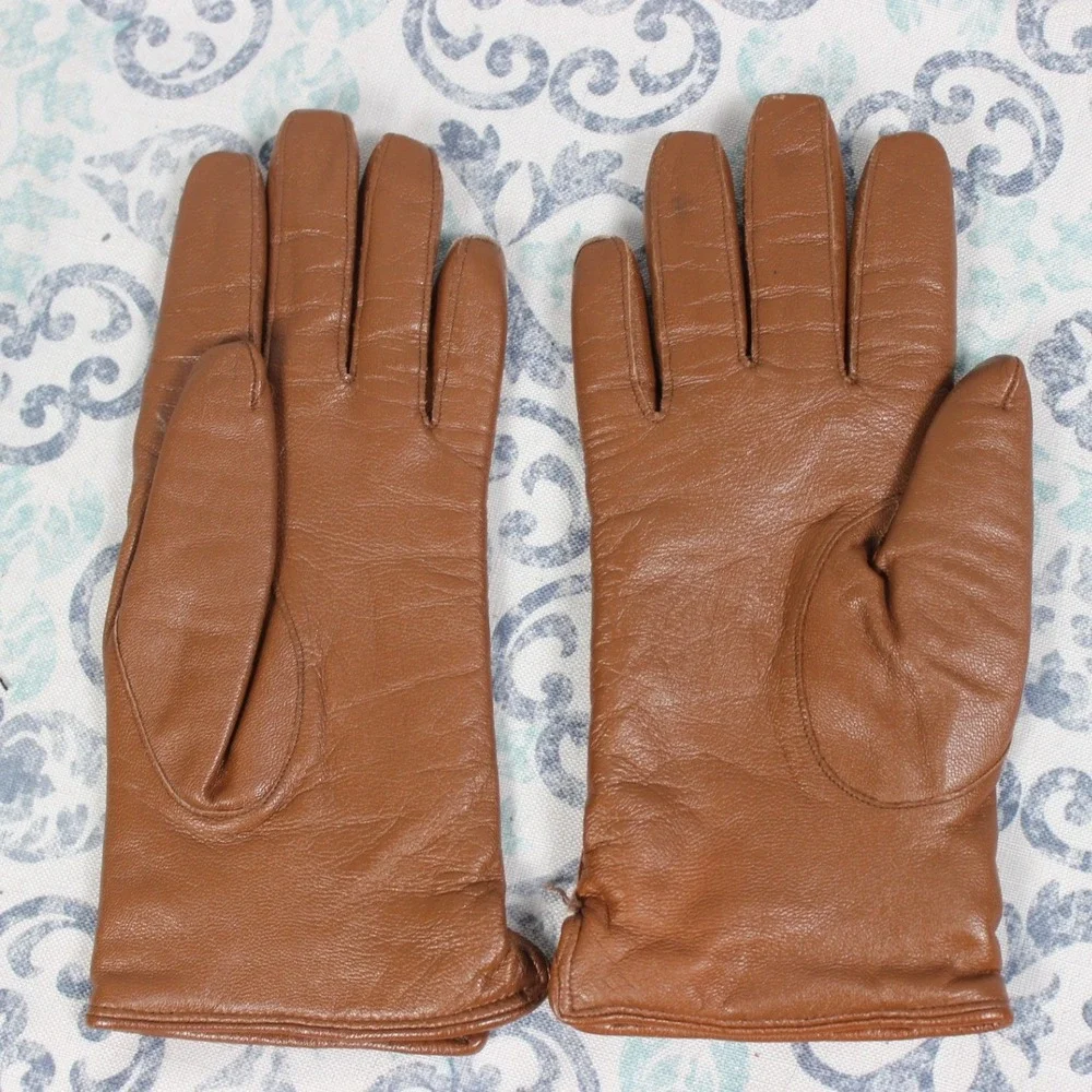 Vintage VEB‎ Johanngeorgenstadt Brown Leather Knit Lined Gloves Size 7 1/4 GDR